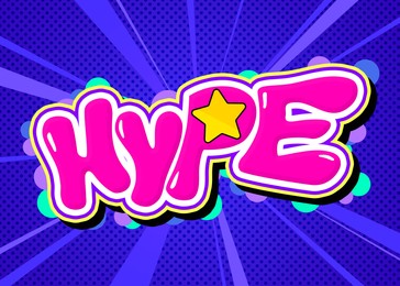 Illustration of Pink word Hype with star on bright comic background, illustration