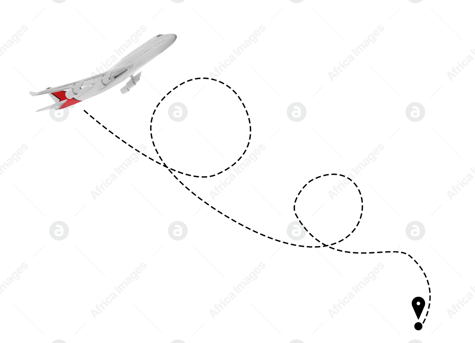 Image of Flight direction illustration. Plane and pin connected by dashed line on white background