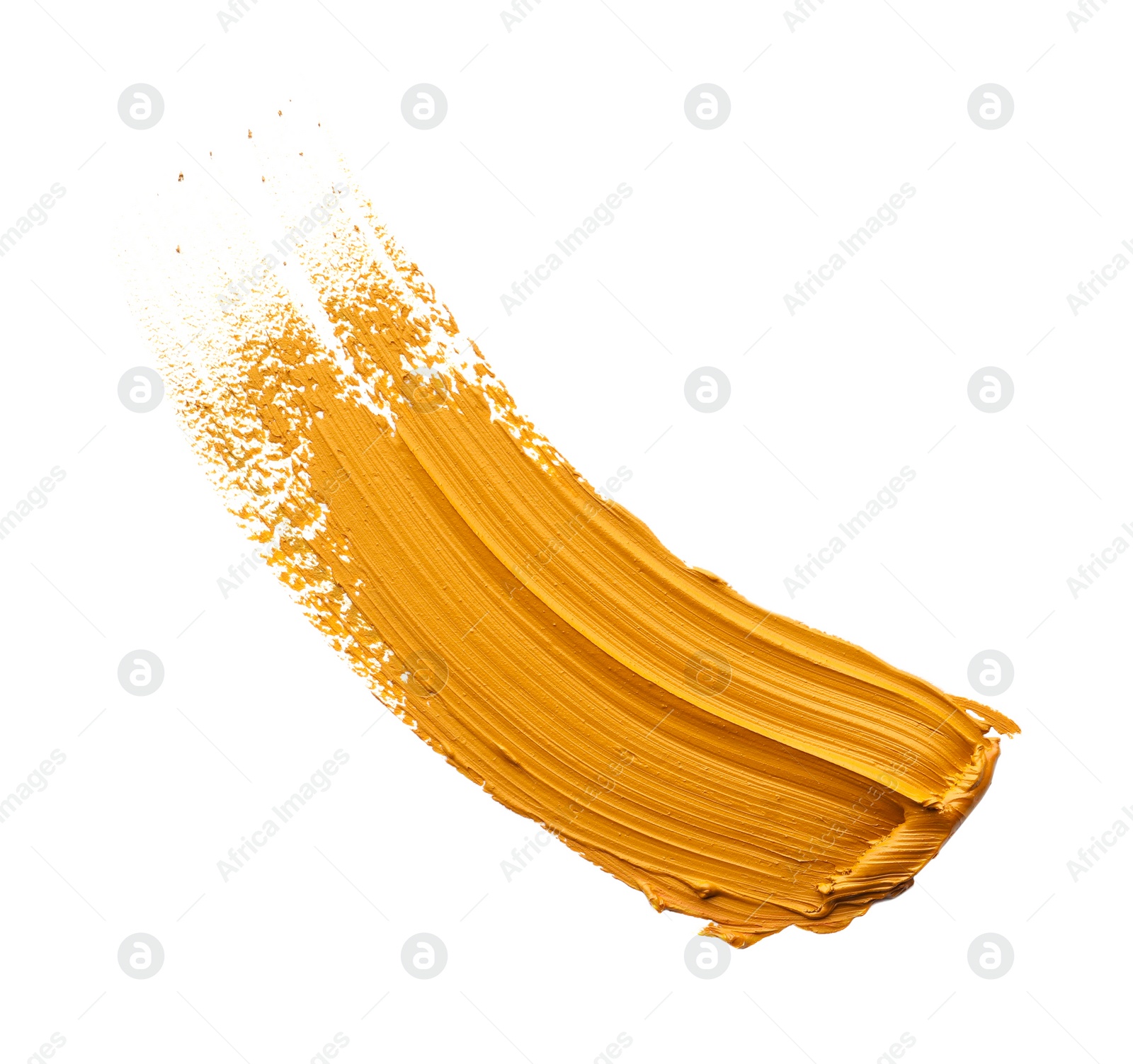 Photo of Light brown oil paint stroke on white background, top view