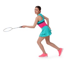 Young woman playing badminton with racket on white background