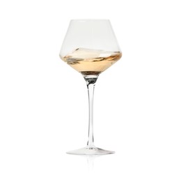 Image of White wine splashing in glass on white background