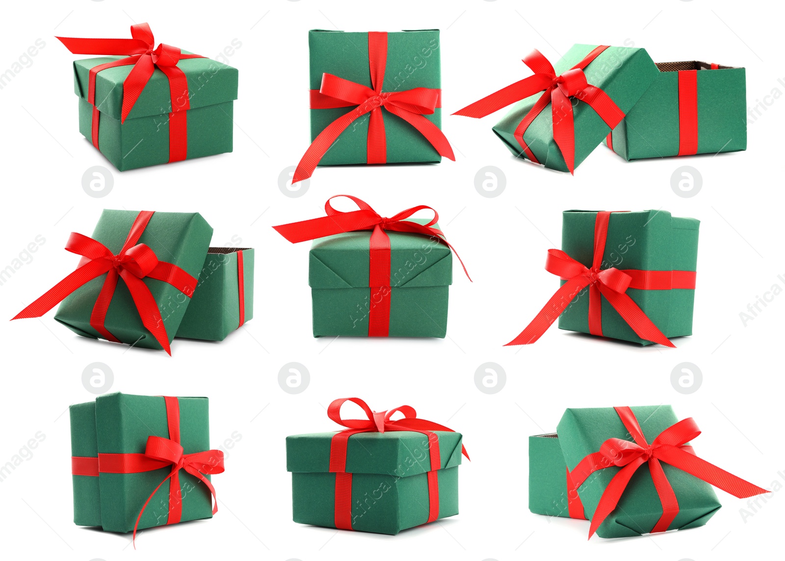 Image of Collage with Christmas gift box on white background, views from different sides