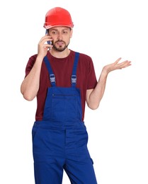 Professional repairman in uniform talking on phone against white background, space for text