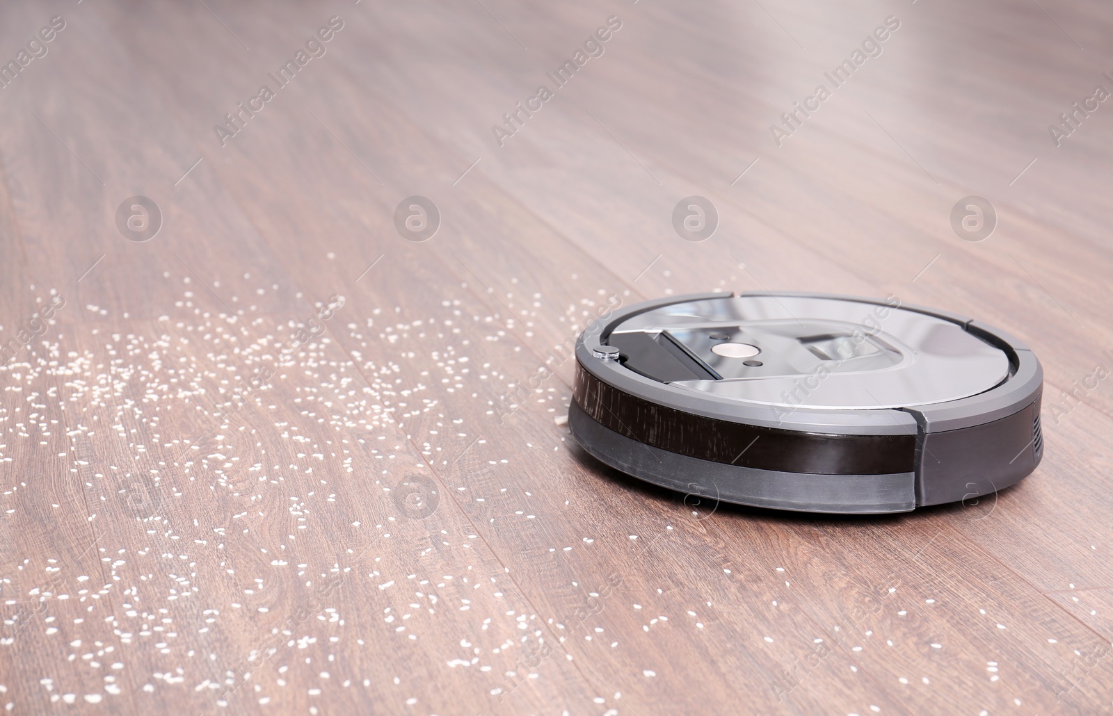 Photo of Removing groats from wooden floor with robotic vacuum cleaner at home. Space for text