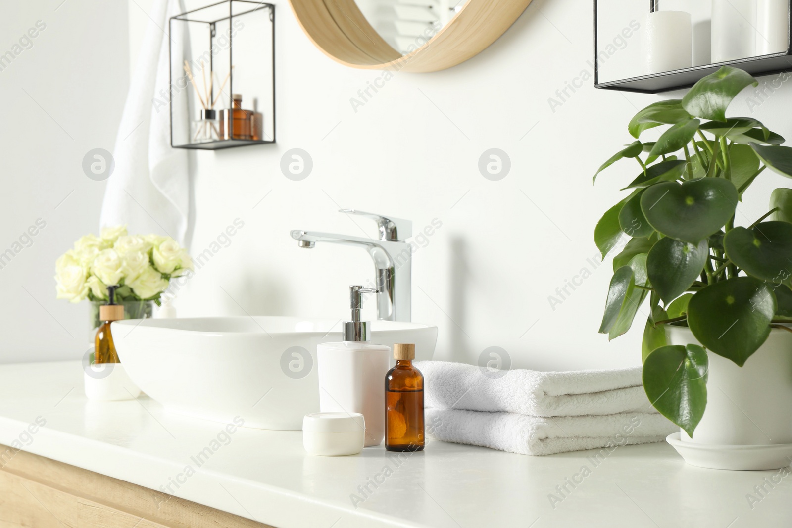 Photo of Houseplant, bath accessories, sink and roses in bathroom