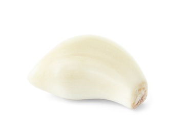 Photo of Fresh peeled garlic clove on white background