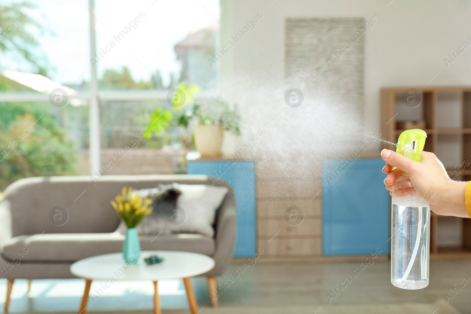 Photo of Woman spraying air freshener at home