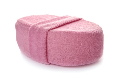 Photo of New pink bath sponge on white background