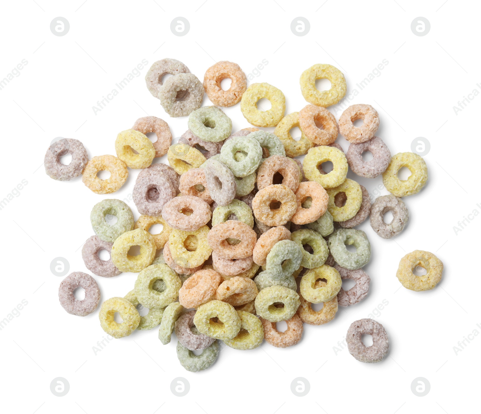 Photo of Tasty cereal rings isolated on white, top view