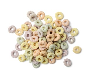 Photo of Tasty cereal rings isolated on white, top view