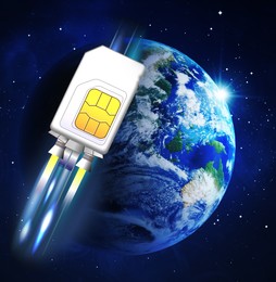 Fast internet connection. SIM card rocket flying around planet in space