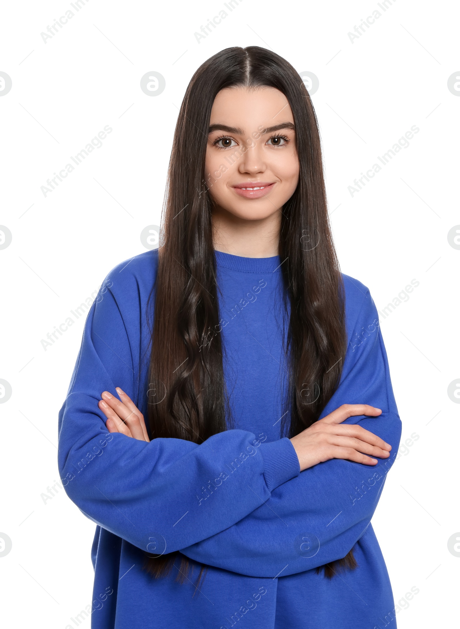 Photo of Portrait of smiling teenage girl on white background