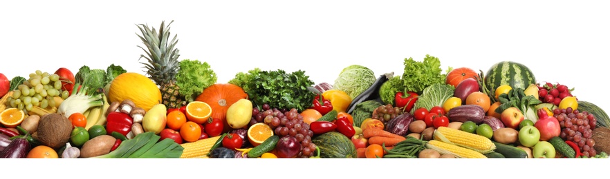 Image of Collection of fresh organic vegetables and fruits on white background. Banner design 