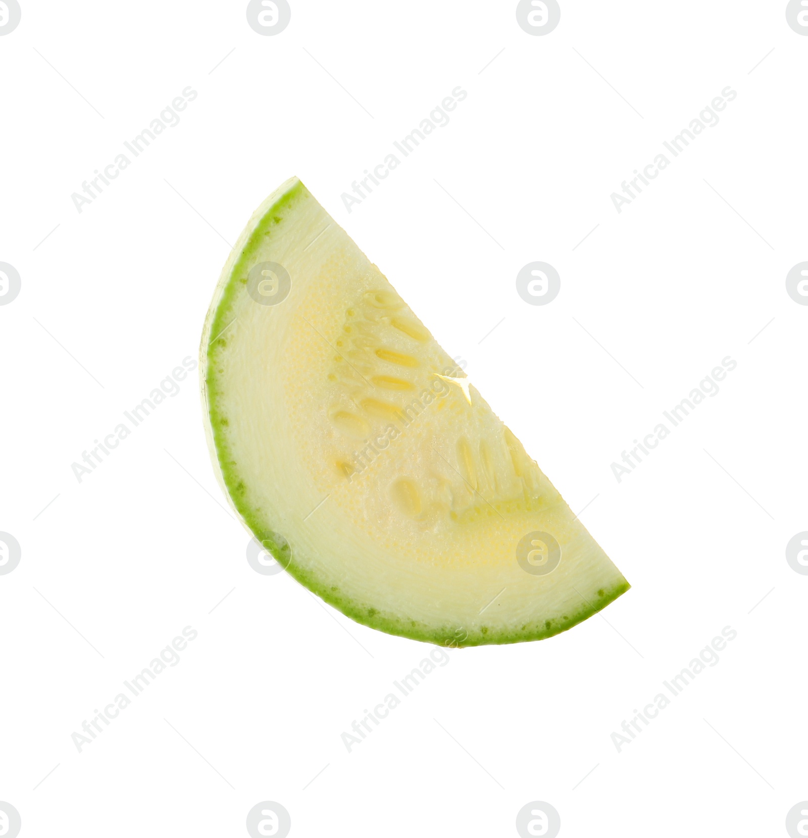 Photo of Slice of ripe zucchini isolated on white, top view