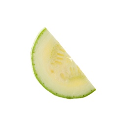 Photo of Slice of ripe zucchini isolated on white, top view