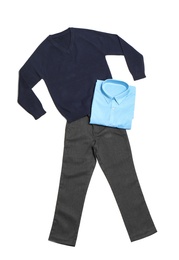 Photo of School uniform for boy on white background, top view