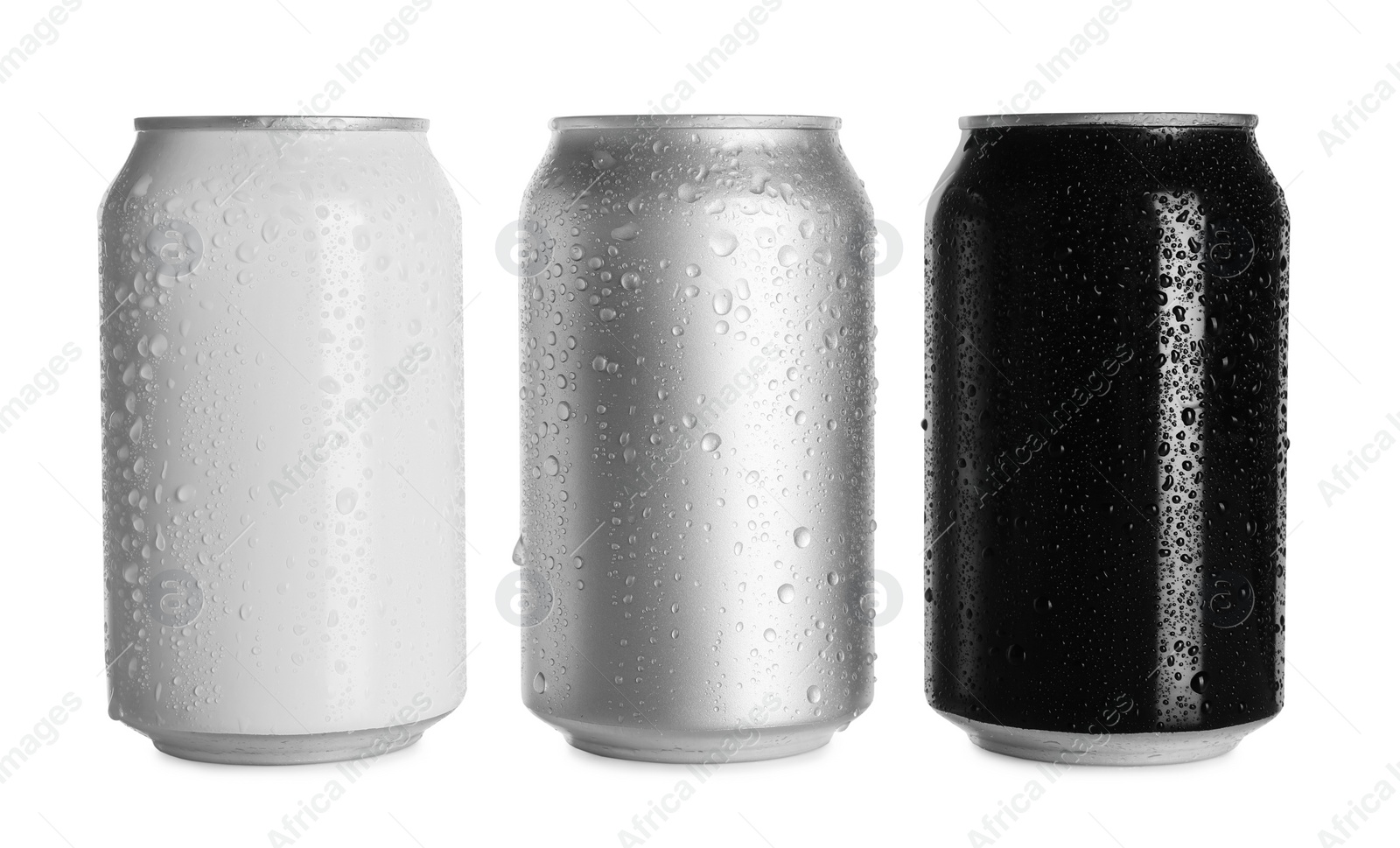 Photo of Aluminum cans with drinks on white background