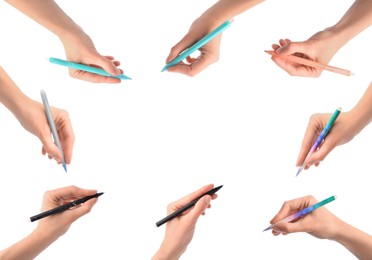 Image of Collage with photos of women holding pens on white background, closeup