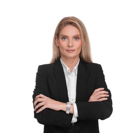 Photo of Portrait of beautiful woman with crossed arms on white background. Lawyer, businesswoman, accountant or manager
