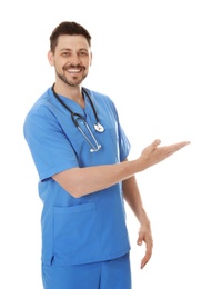 Photo of Portrait of smiling male doctor in scrubs isolated on white. Medical staff