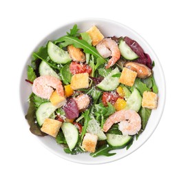 Photo of Delicious salad with croutons, cucumber and shrimp isolated on white, top view