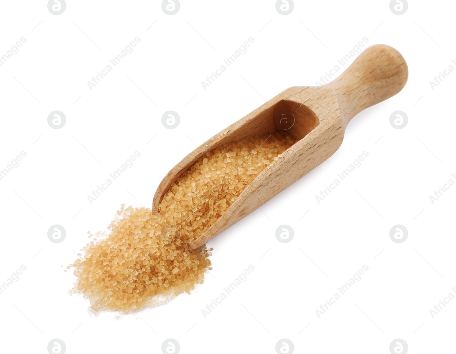 Photo of Wooden scoop of granulated brown sugar isolated on white