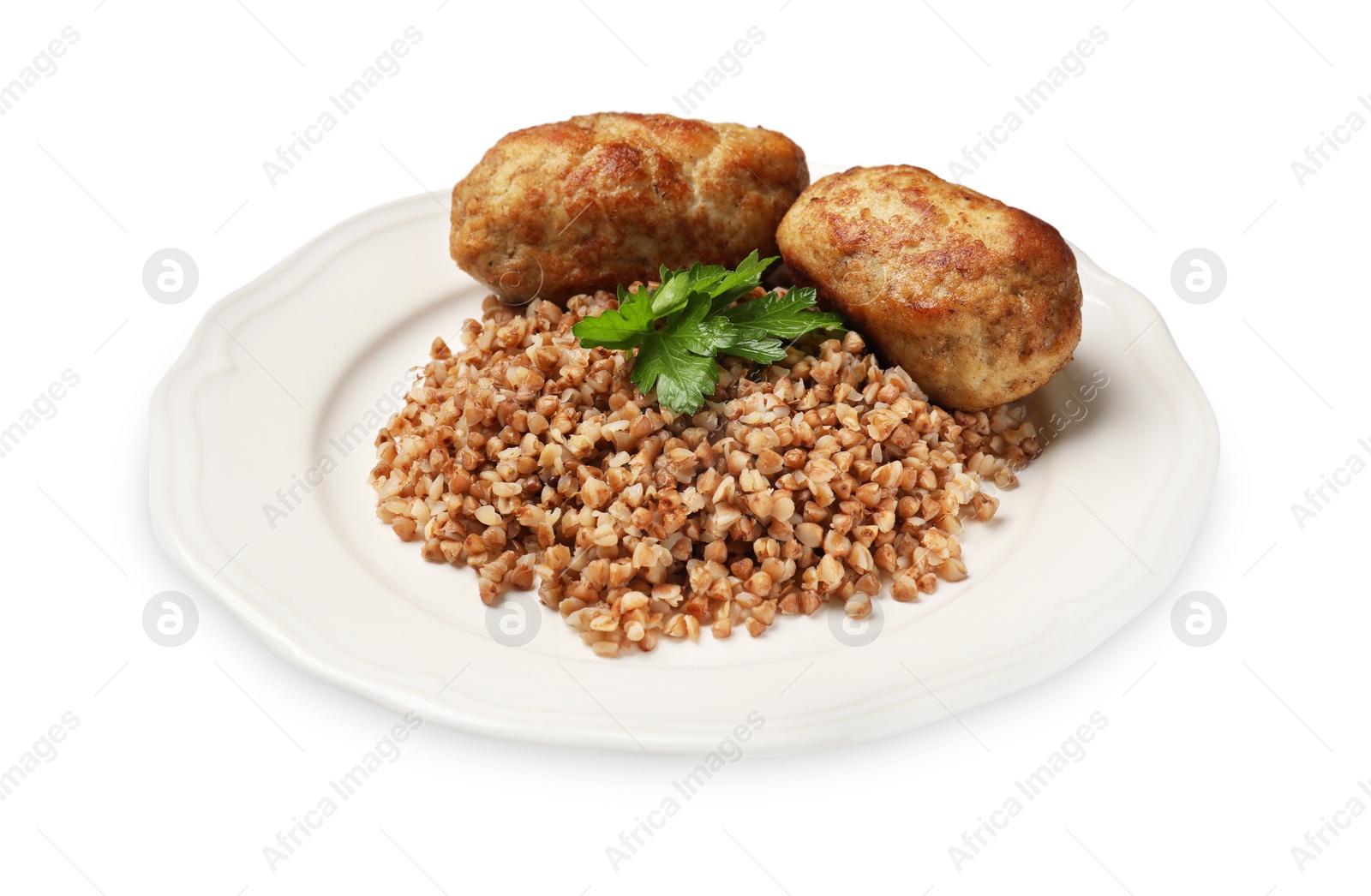 Photo of Plate with tasty buckwheat, fresh parsley and cutlets isolated on white