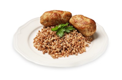 Plate with tasty buckwheat, fresh parsley and cutlets isolated on white