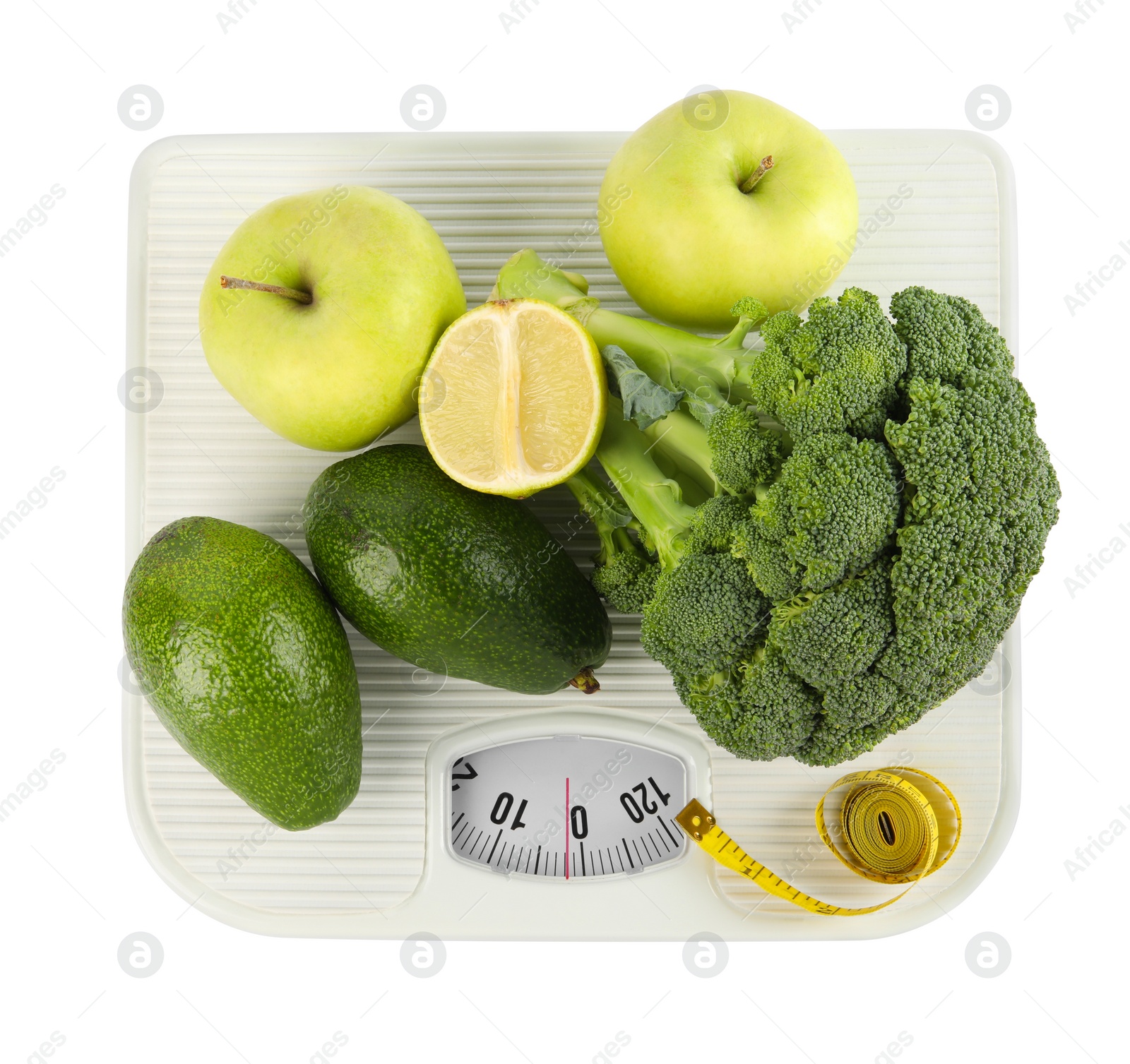 Photo of Healthy diet. Scale with products and measuring tape isolated on white, top view