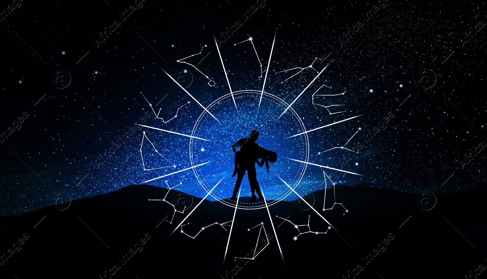 Image of Zodiac wheel and photo of couple in mountains under starry sky at night. Banner design
