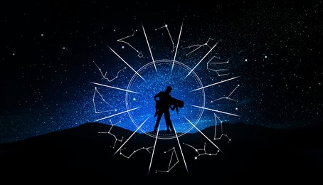Zodiac wheel and photo of couple in mountains under starry sky at night. Banner design