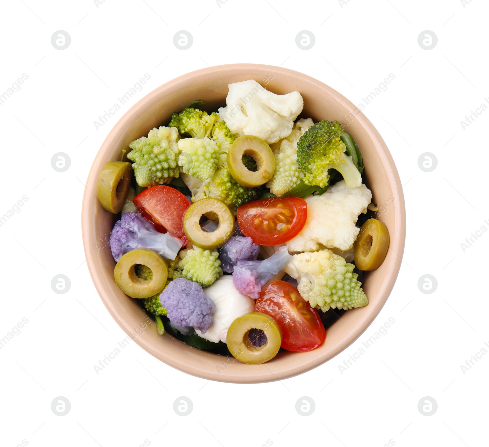 Photo of Delicious salad with cauliflower, tomato and olives isolated on white, top view