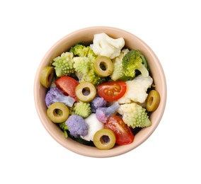 Delicious salad with cauliflower, tomato and olives isolated on white, top view