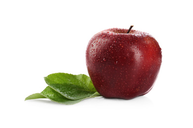 Photo of Fresh juicy red apple with leaves isolated on white