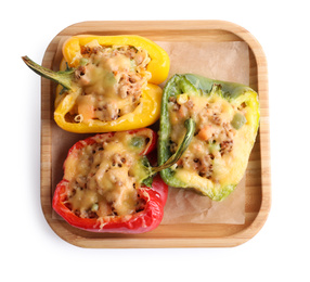 Photo of Tasty stuffed bell peppers isolated on white, top view