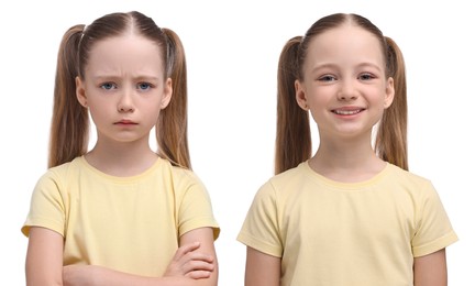 Image of Girl showing different emotions on white background, collage