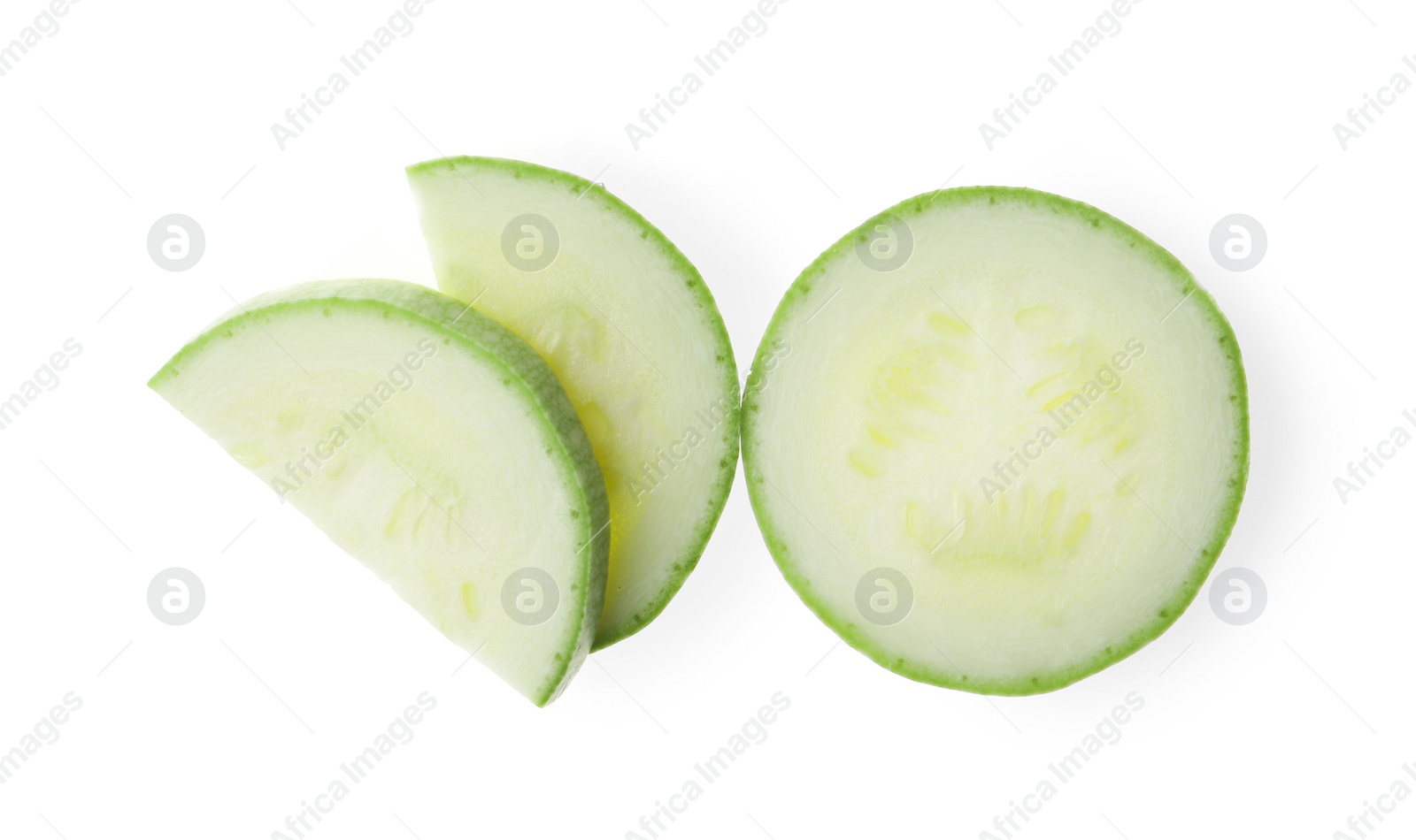 Photo of Slices of ripe zucchini on white background, top view