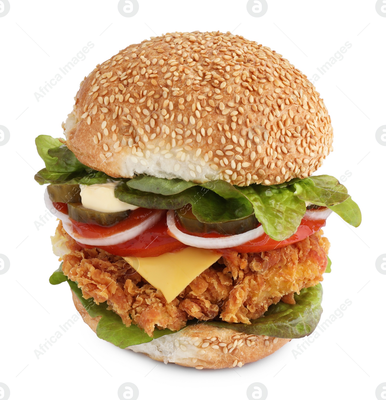 Photo of Delicious burger with crispy chicken patty isolated on white