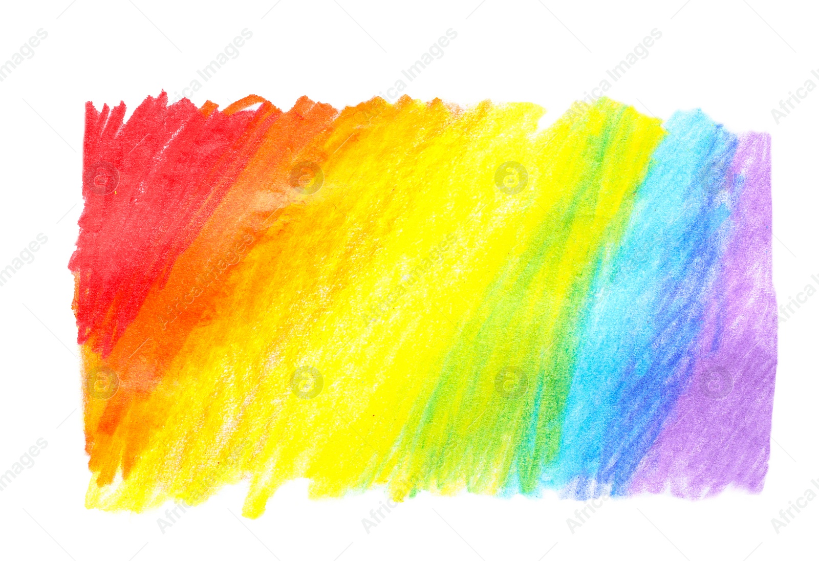 Photo of Rainbow drawn with colorful pencils on white background, top view