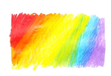 Photo of Rainbow drawn with colorful pencils on white background, top view