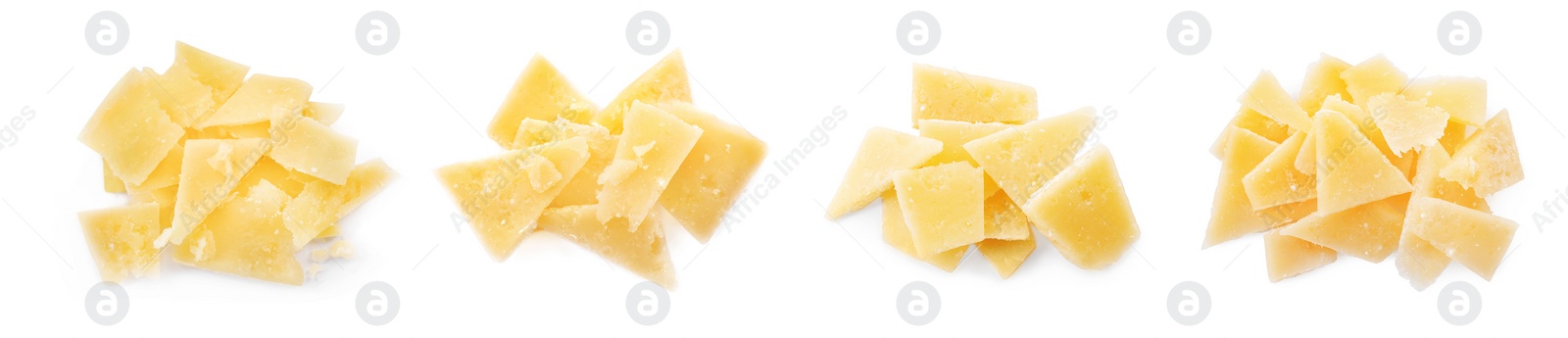 Image of Set with delicious parmesan cheese on white background, top view. Banner design