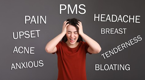 Image of Hormones imbalance. Stressed young woman and different words on grey background