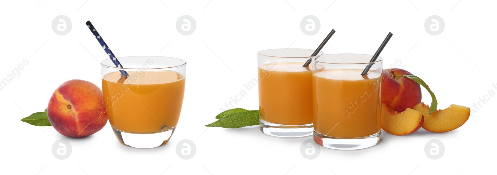 Image of Set of peach juice in glasses and fresh fruits isolated on white