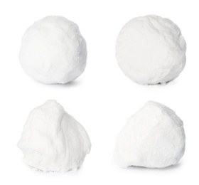 Image of Set of different snowballs on white background