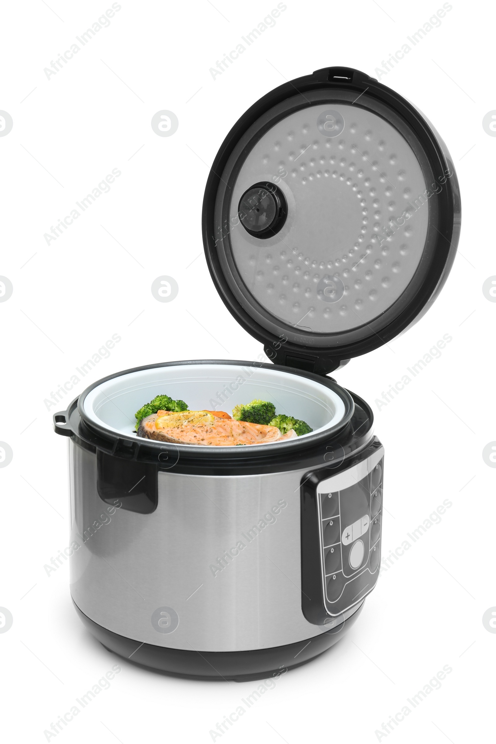 Photo of Modern multi cooker with fish and garnish on white background