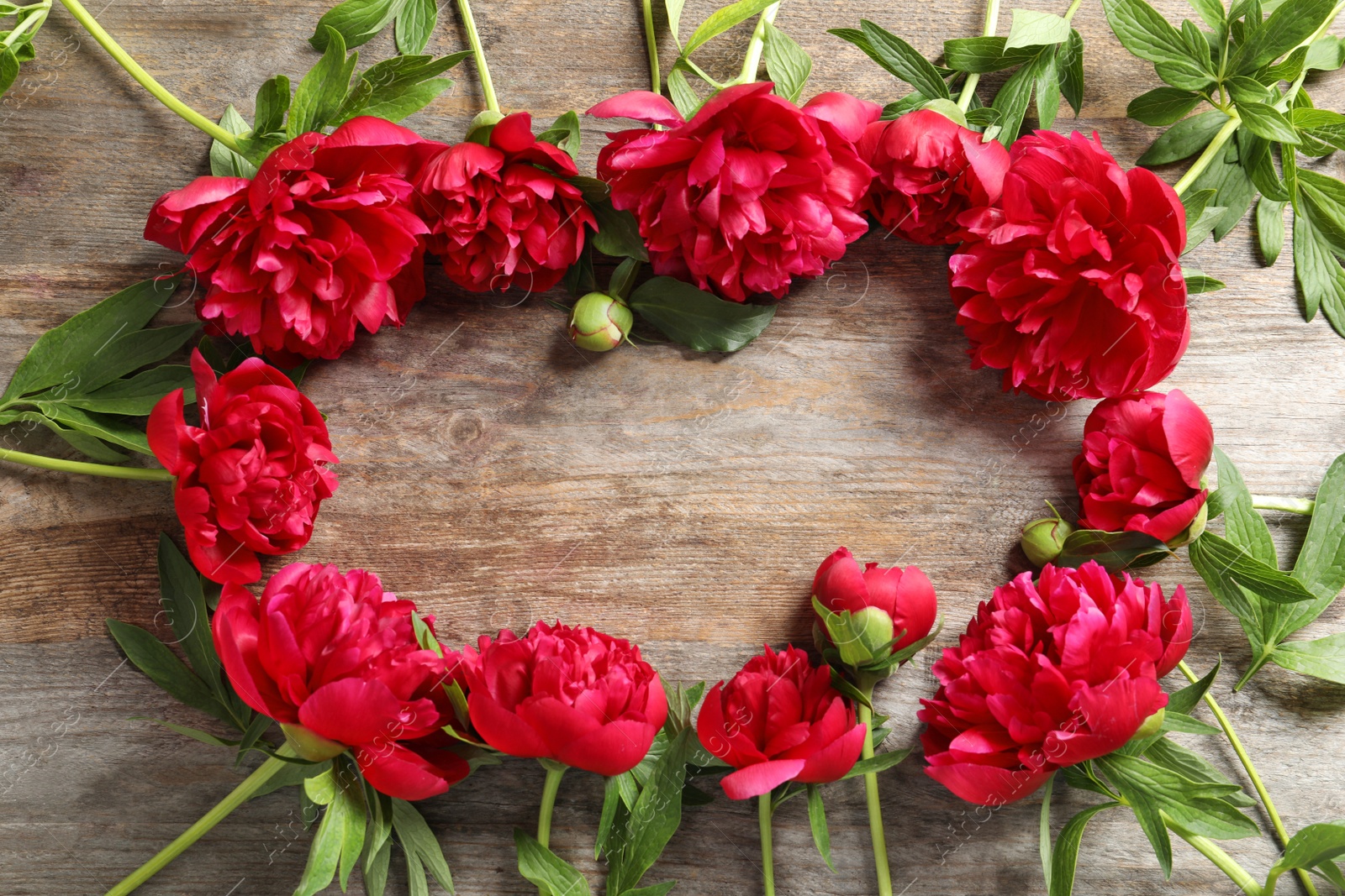 Photo of Flat lay composition with beautiful blooming peonies on wooden background