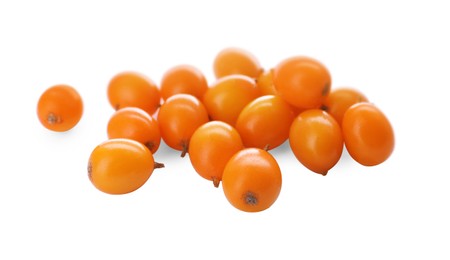 Photo of Fresh ripe sea buckthorn berries on white background