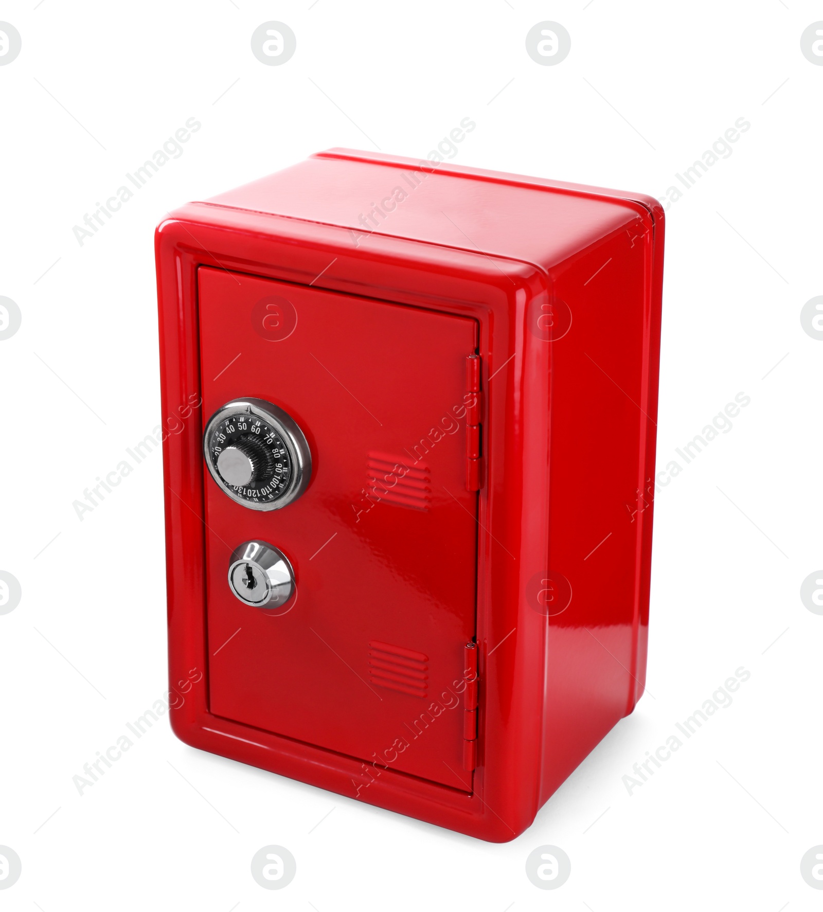 Photo of Closed red steel safe isolated on white