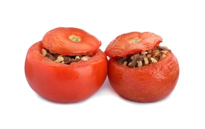 Delicious stuffed tomatoes with minced beef, bulgur and mushrooms on white background
