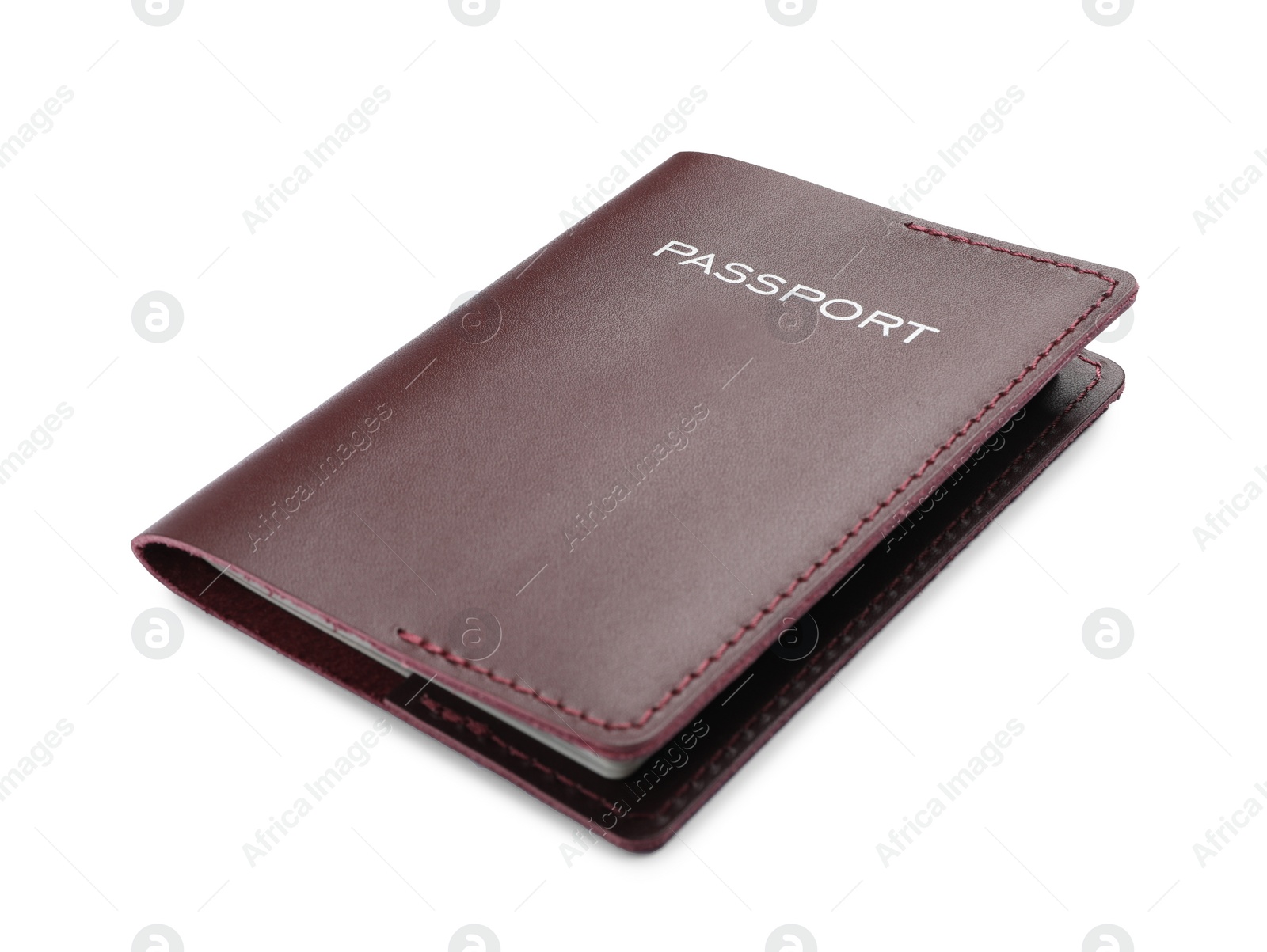 Photo of Passport in brown leather case isolated on white